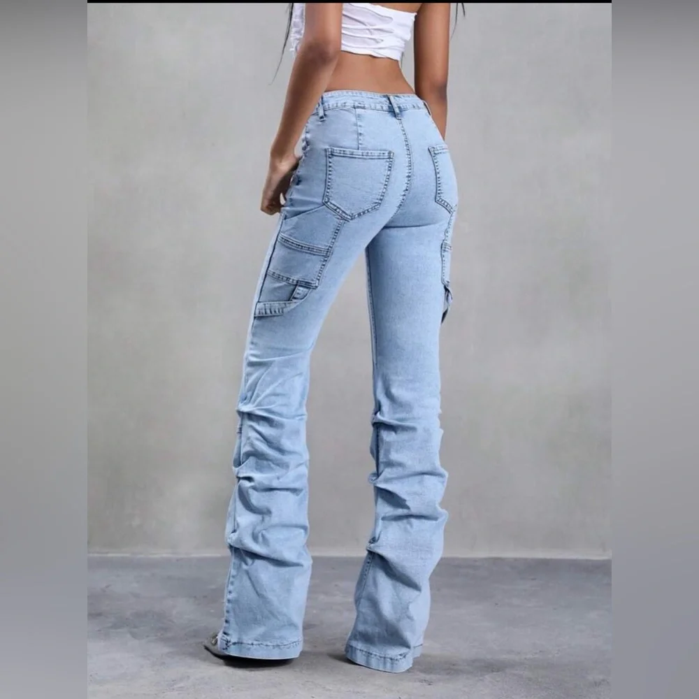 Jeanoix Casual Distressed Ruched Slim Fit Flare Leg Jeans Skinny Bootcut Jeans - Picture 2 of 6